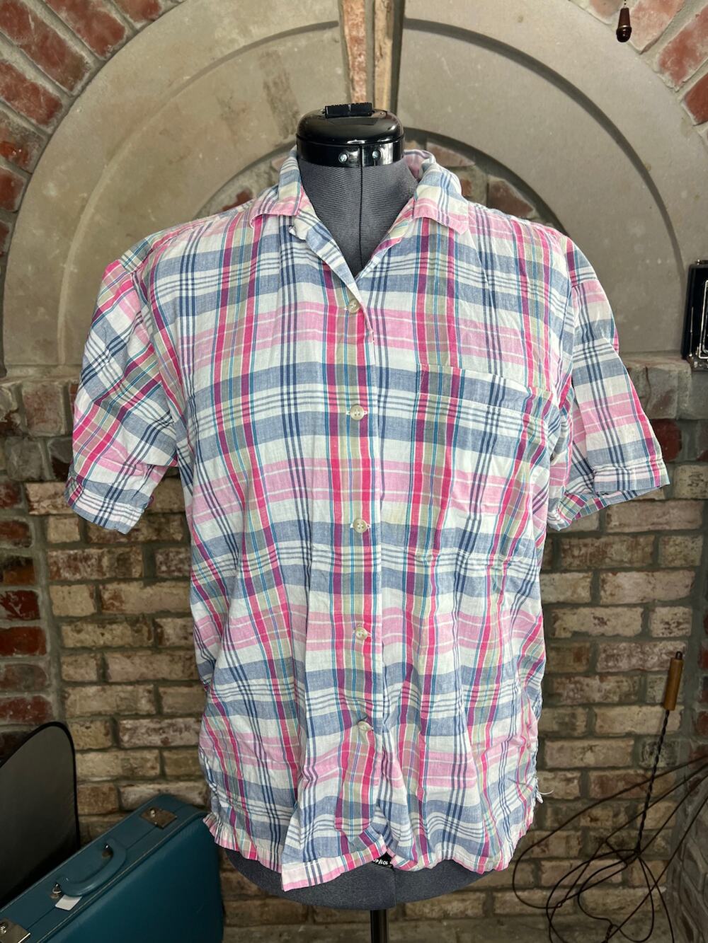 Woolrich blouse plaid pink blue white 1980s